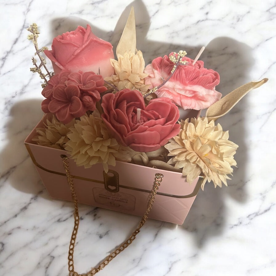 Glow Grace Decorative Flower Candle Gift Box Set, Scented Wax Roses with Gold Chain Handle, Pink Basket