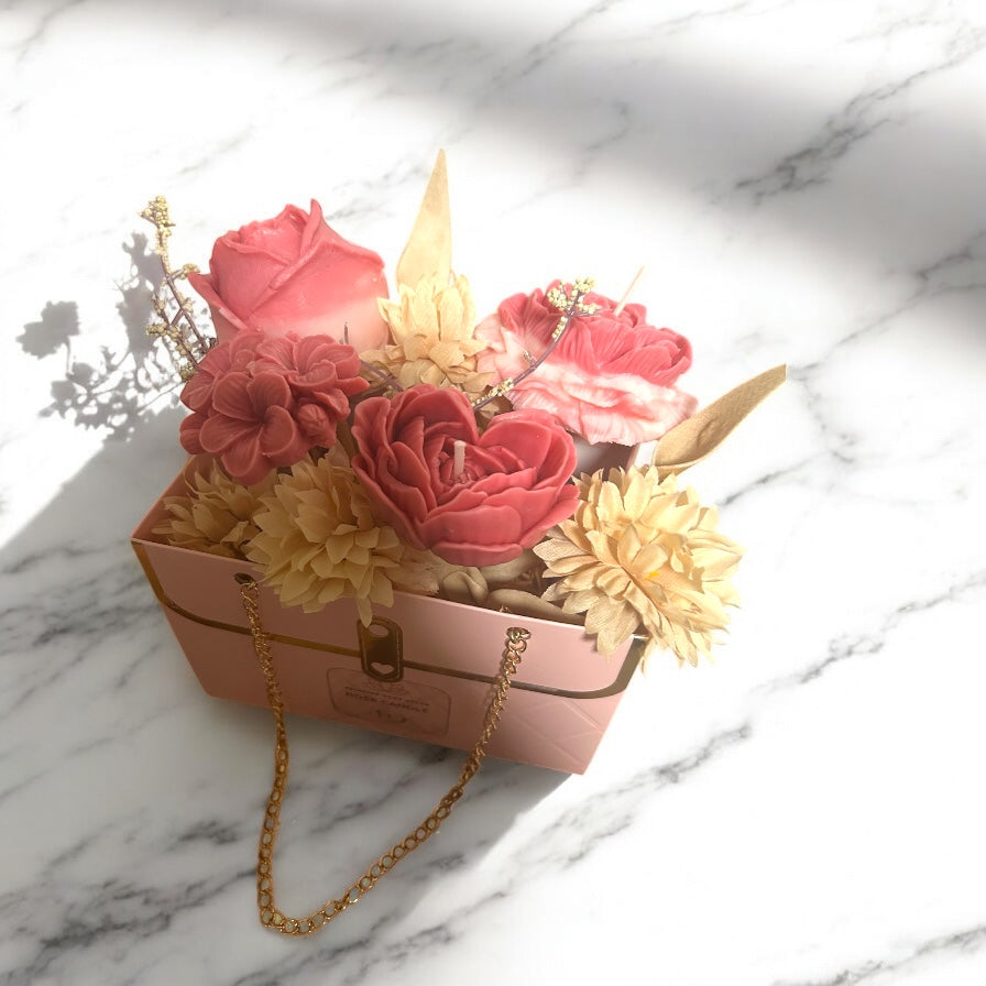 Glow Grace Decorative Flower Candle Gift Box Set, Scented Wax Roses with Gold Chain Handle, Pink Basket