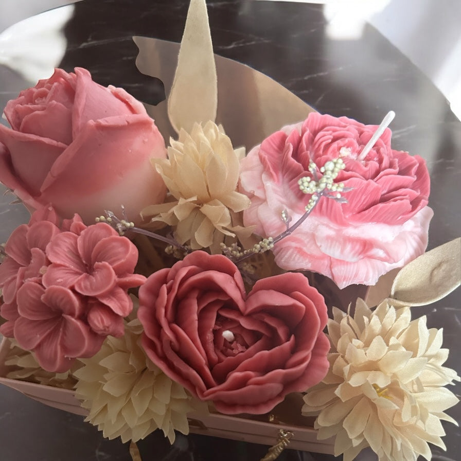 Glow Grace Decorative Flower Candle Gift Box Set, Scented Wax Roses with Gold Chain Handle, Pink Basket
