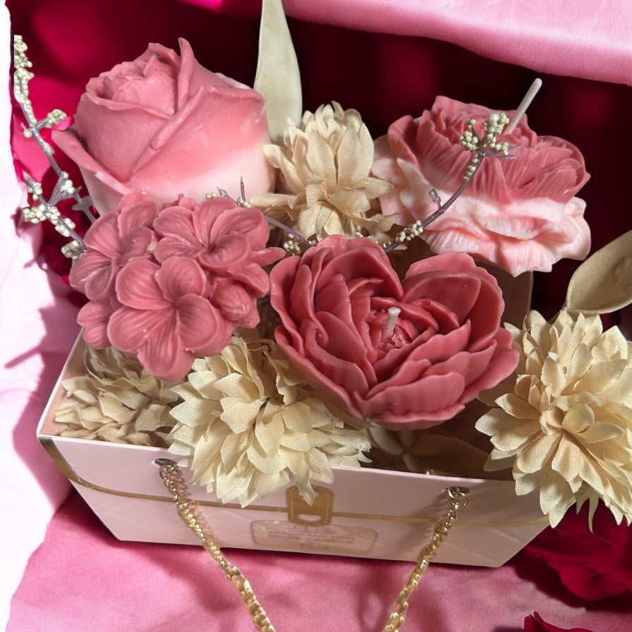 Glow Grace Decorative Flower Candle Gift Box Set, Scented Wax Roses with Gold Chain Handle, Pink Basket