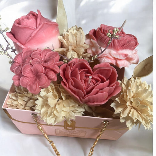 Glow Grace Decorative Flower Candle Gift Box Set, Scented Wax Roses with Gold Chain Handle, Pink Basket